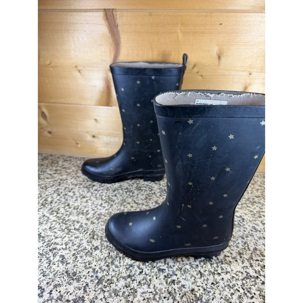 Black Rubber Star Print Rain Boots Waterproof Mid-Calf Pull On Size 1